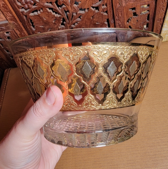 Vintage Culver Valencia Rocks Glasses and Ice Bucket/green  Vintage Culver Mid-Century Modern Valencia Green and Gold Glass Ice Bucket